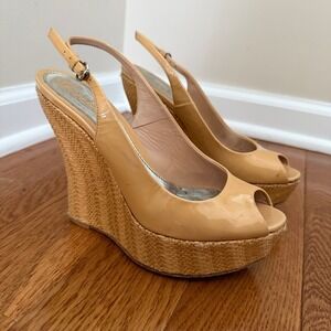 Gucci Nude Patent Leather Raffia Wedge Slingback Peep Toe Platform Sandals